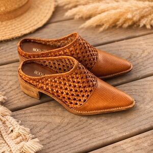 Women’s Roolee Woven Leather Mule Heels Cognac Boho Western Size 8 New